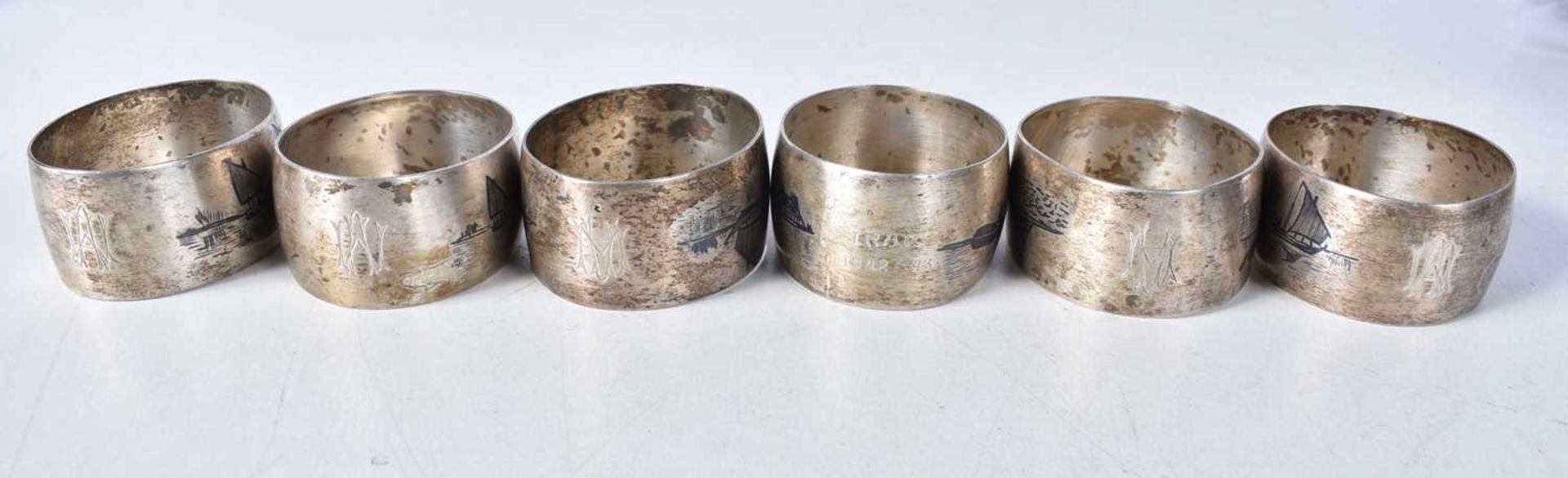 Six Continental Niello Silver Napkin Rings. XRF Tested for Purity. 4.2cm x 4.8cm, total weight - Image 3 of 3