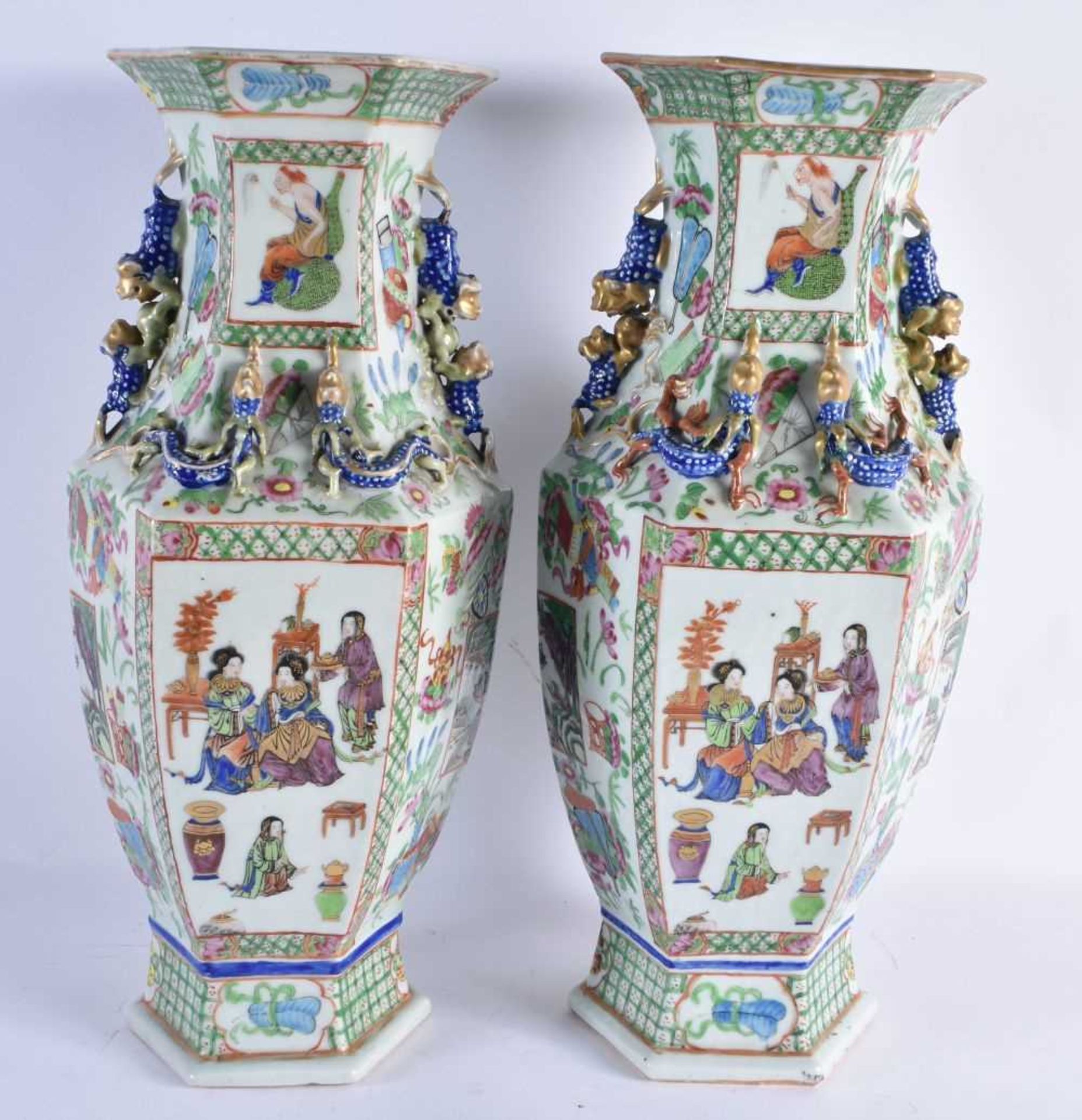 A LARGE PAIR OF 19TH CENTURY CHINESE CANTON FAMILLE ROSE VASES Qing, painted with immortals within - Image 6 of 34