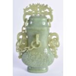 A LATE 19TH CENTURY CHINESE CARVED TWIN HANDLED JADE VASE AND COVER Late Qing. 18 cm x 12 cm.