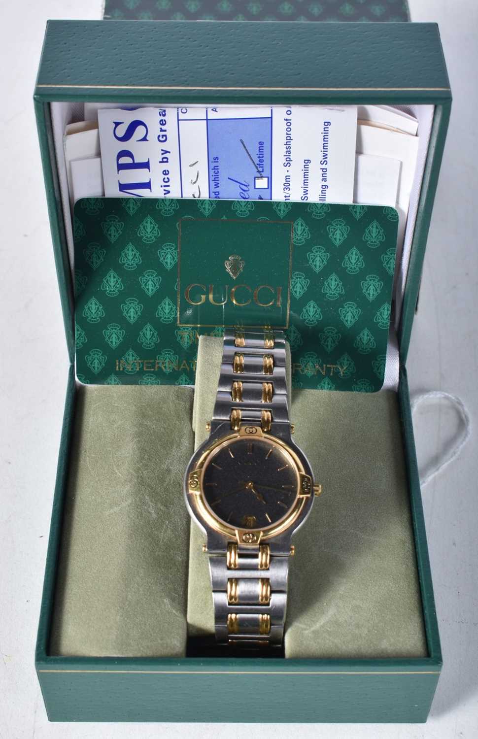A Boxed Gucci Quartz Watch. Dial 3.3cm incl crown, needs battery