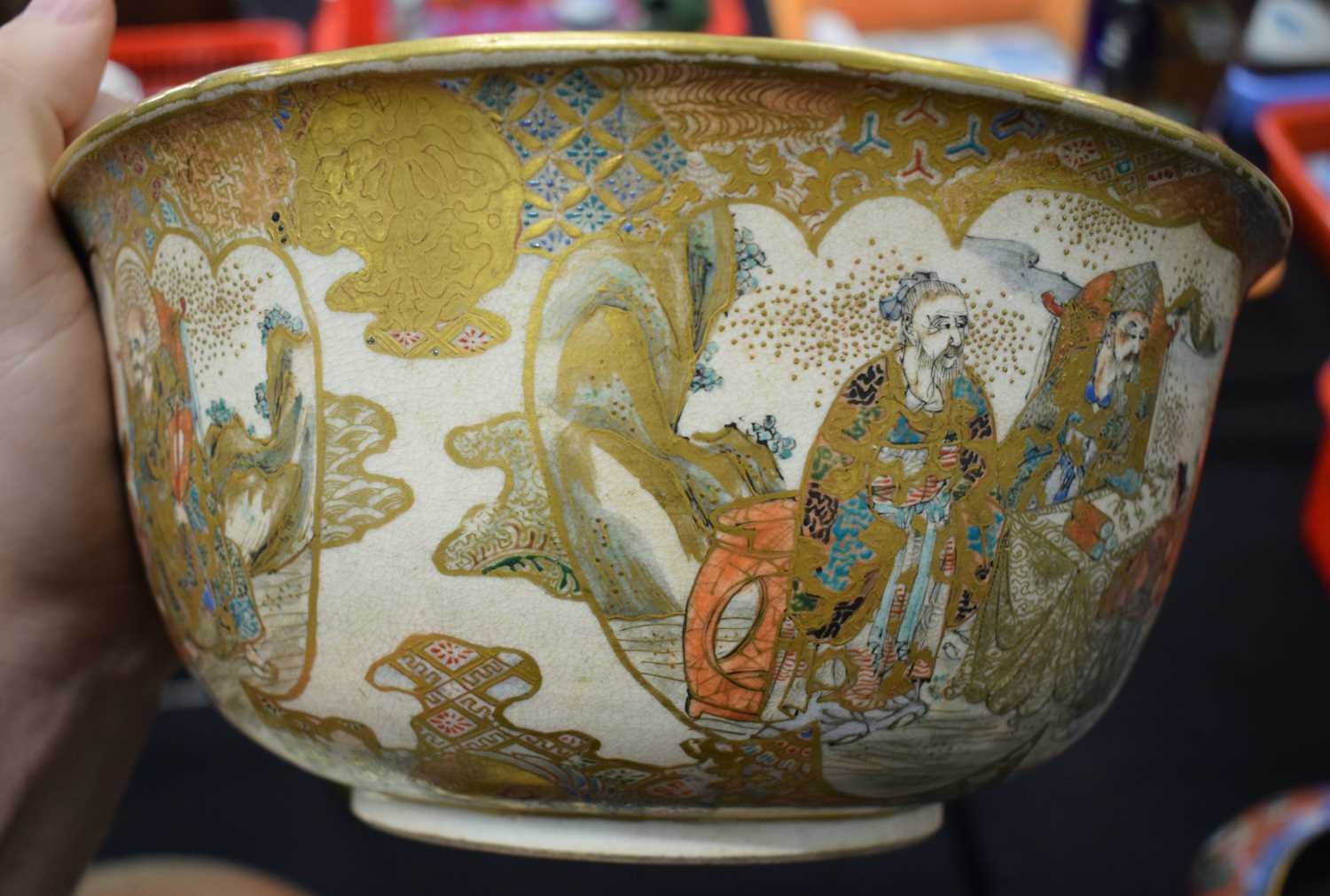 A LARGE 19TH CENTURY JAPANESE MEIJI PERIOD SATSUMA BOWL painted with immortals within landscapes, - Image 9 of 18