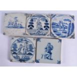 FIVE DELFT BLUE AND WHITE TILES. 12.5 cm square. (5)