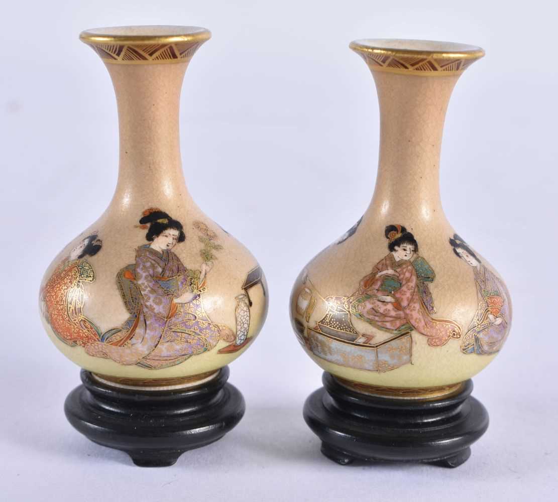A RARE MINIATURE PAIR OF LATE 19TH CENTURY JAPANESE MEIJI PERIOD SATSUMA VASES painted with - Image 2 of 7