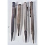 Four Silver Propelling Pencils. Various Birmingham Hallmarks. Largest 12.2cm x 0.9cm, total weight