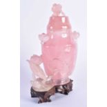 A LARGE 19TH CENTURY CHINESE CARVED ROSE QUARTZ VASE AND COVER Qing, overlaid with lotus and