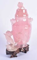 A LARGE 19TH CENTURY CHINESE CARVED ROSE QUARTZ VASE AND COVER Qing, overlaid with lotus and