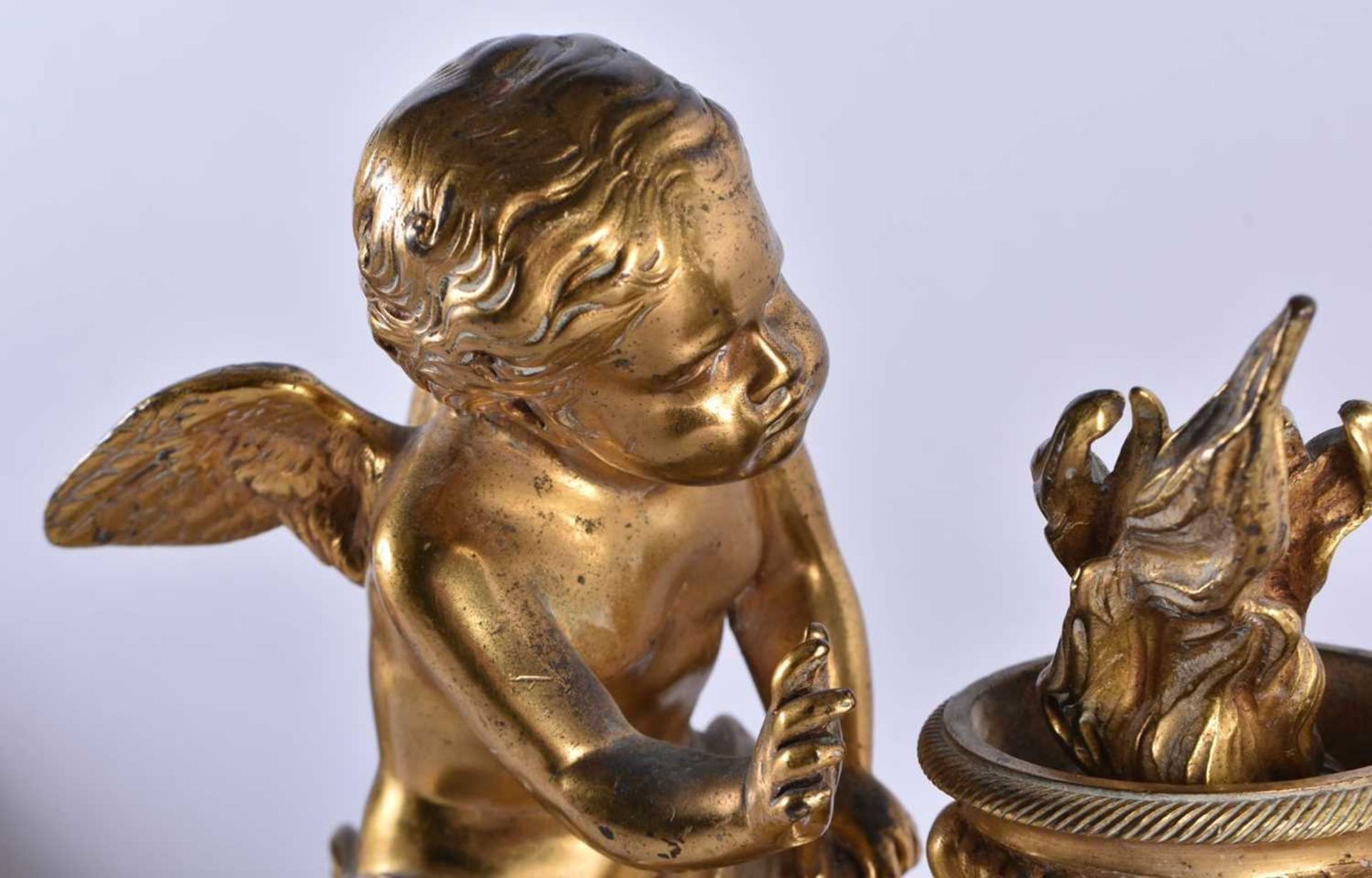 A PAIR OF EARLY 19TH CENTURY FRENCH ORMOLU FIRESIDE COMPANIONS formed as putti beside flaming vases, - Image 2 of 6