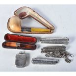 Tobacciana silver items including - A Cased Meerschaum Pipe with Silver Mounts and Amber Stem, A