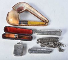 Tobacciana silver items including - A Cased Meerschaum Pipe with Silver Mounts and Amber Stem, A