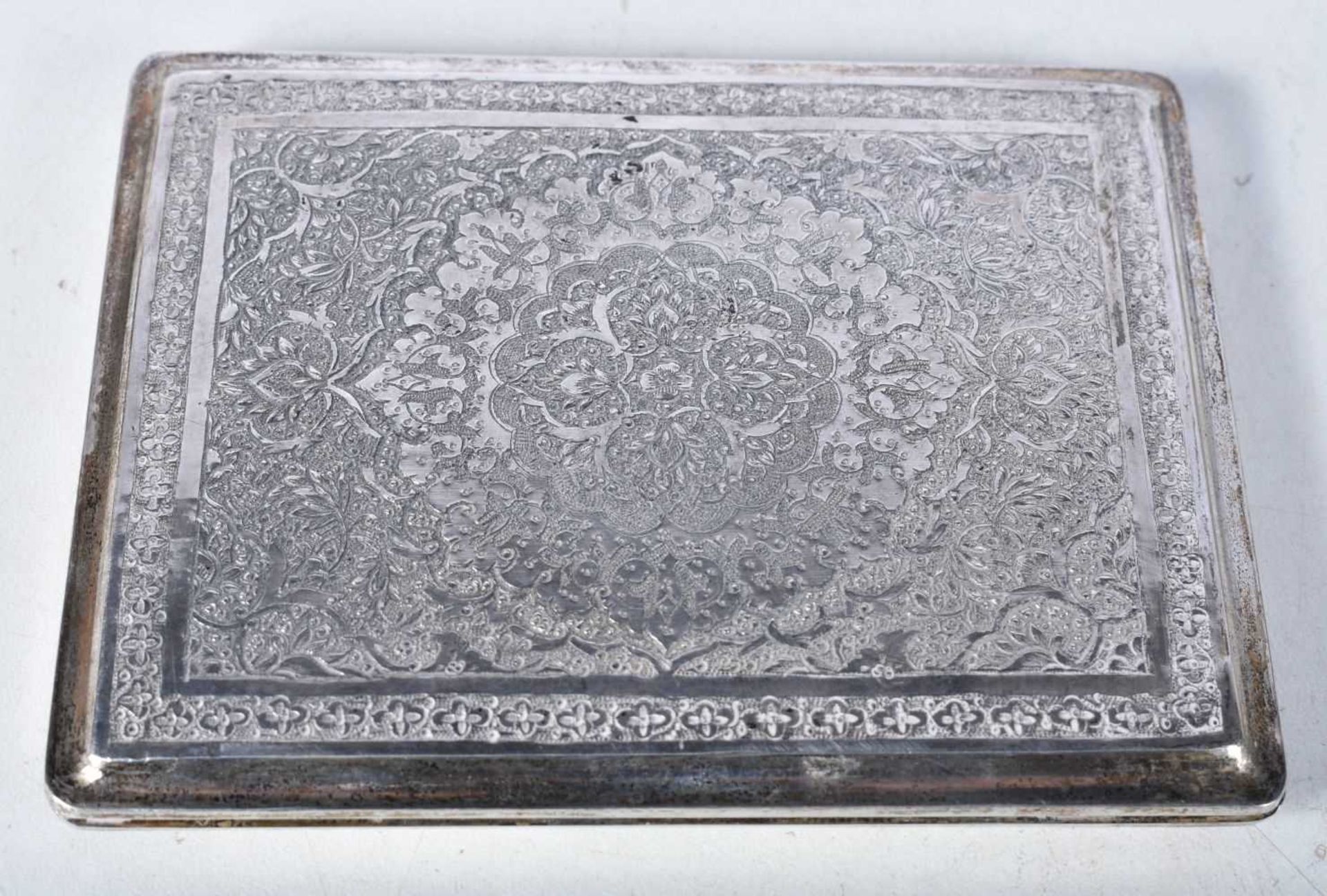 A Continental Silver Cigarette Case with Middle Eastern Engraved Decoration. XRF Tested for