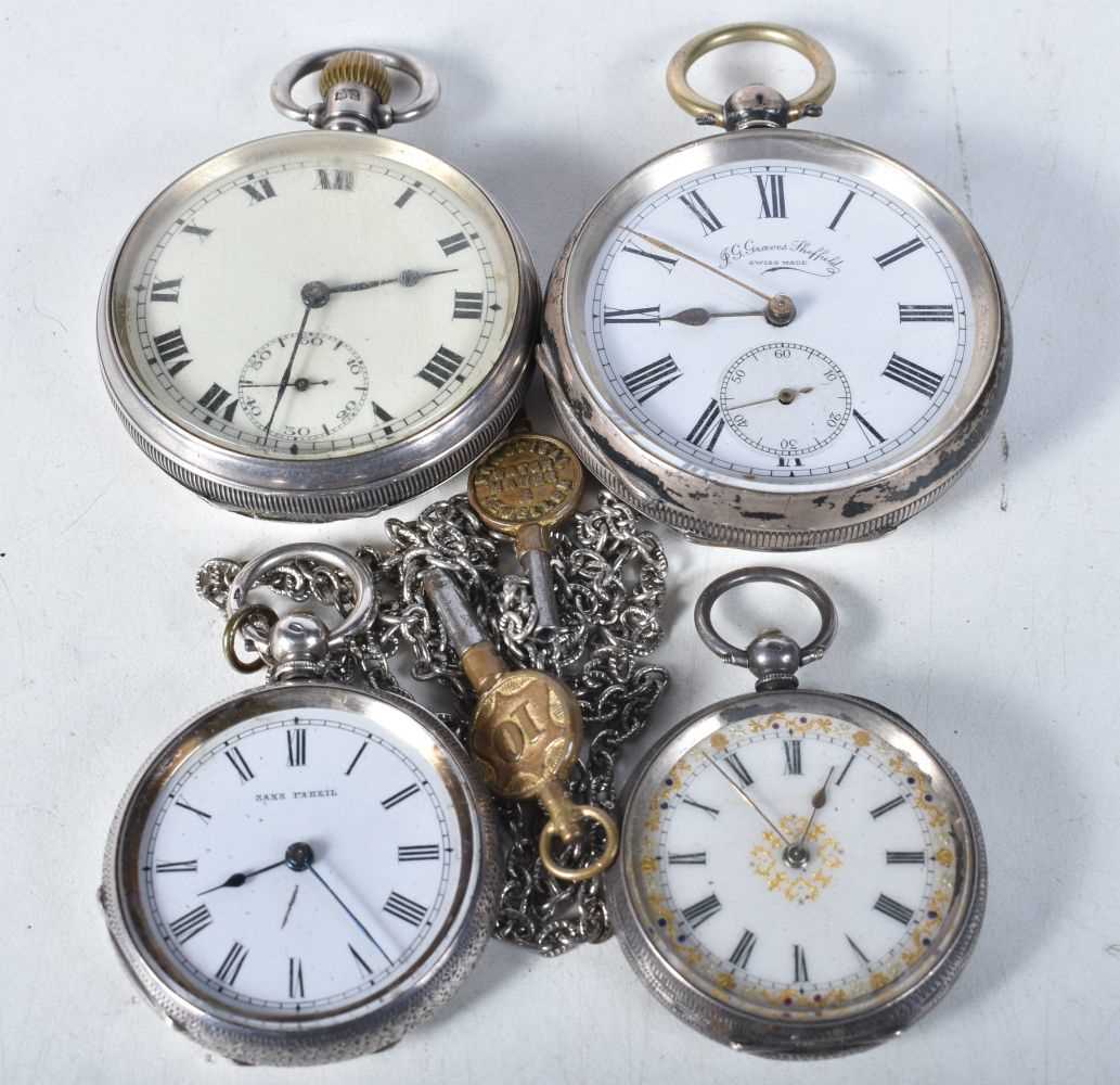 Four Silver Pocket Watches. Marks include Birmingham 1949 and 925, largest 5.1cm diameter, total