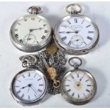 Four Silver Pocket Watches. Marks include Birmingham 1949 and 925, largest 5.1cm diameter, total