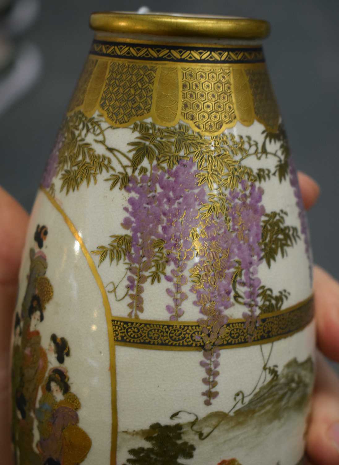 A PAIR OF LATE 19TH CENTURY JAPANESE MEIJI PERIOD SATSUMA POTTERY VASES painted with a group of - Image 14 of 25