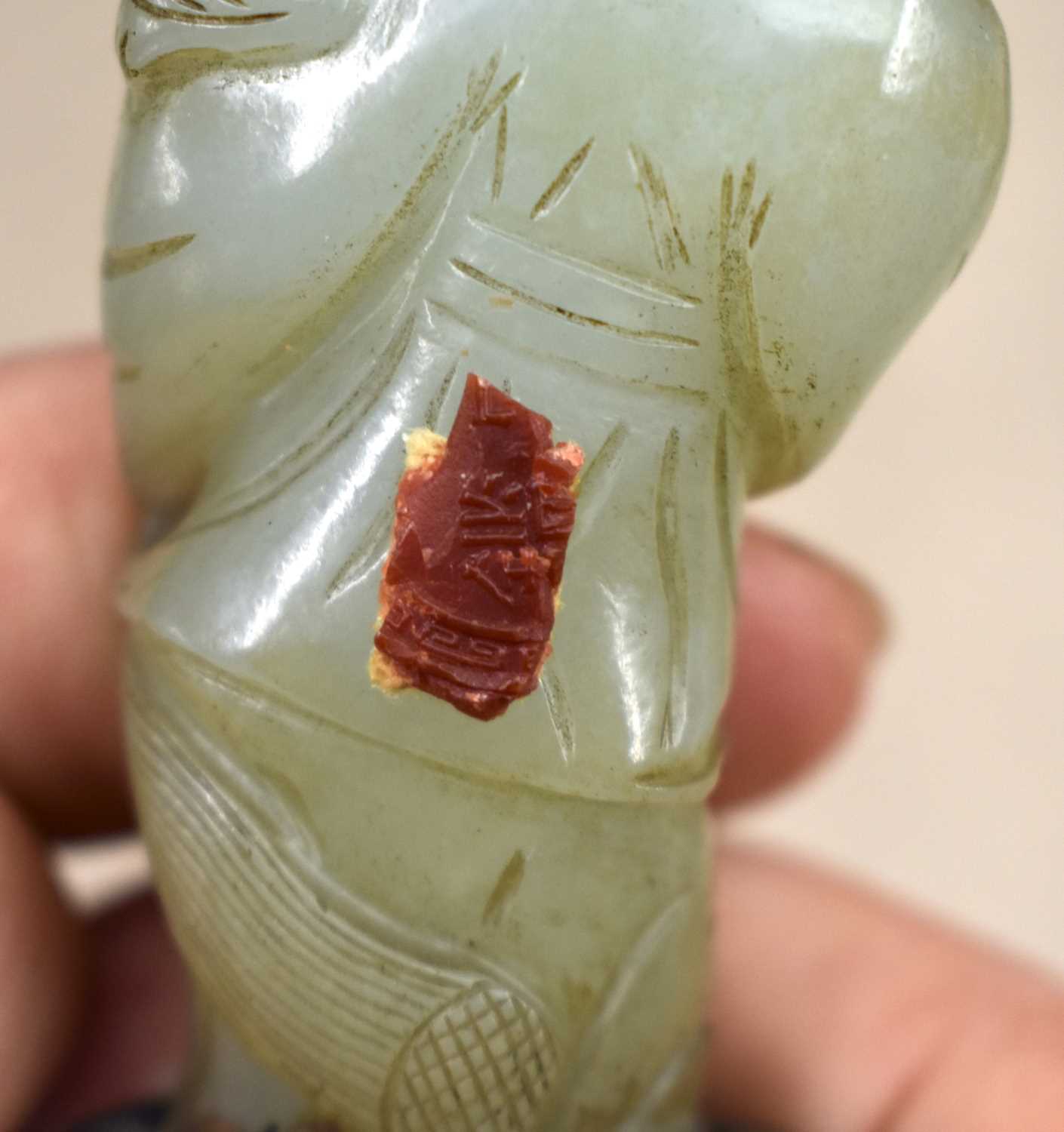 A LOVELY 19TH CENTURY CHINESE CARVED GREEN JADE FIGURE OF A STANDING MALE Qing, modelled holding a - Image 9 of 12