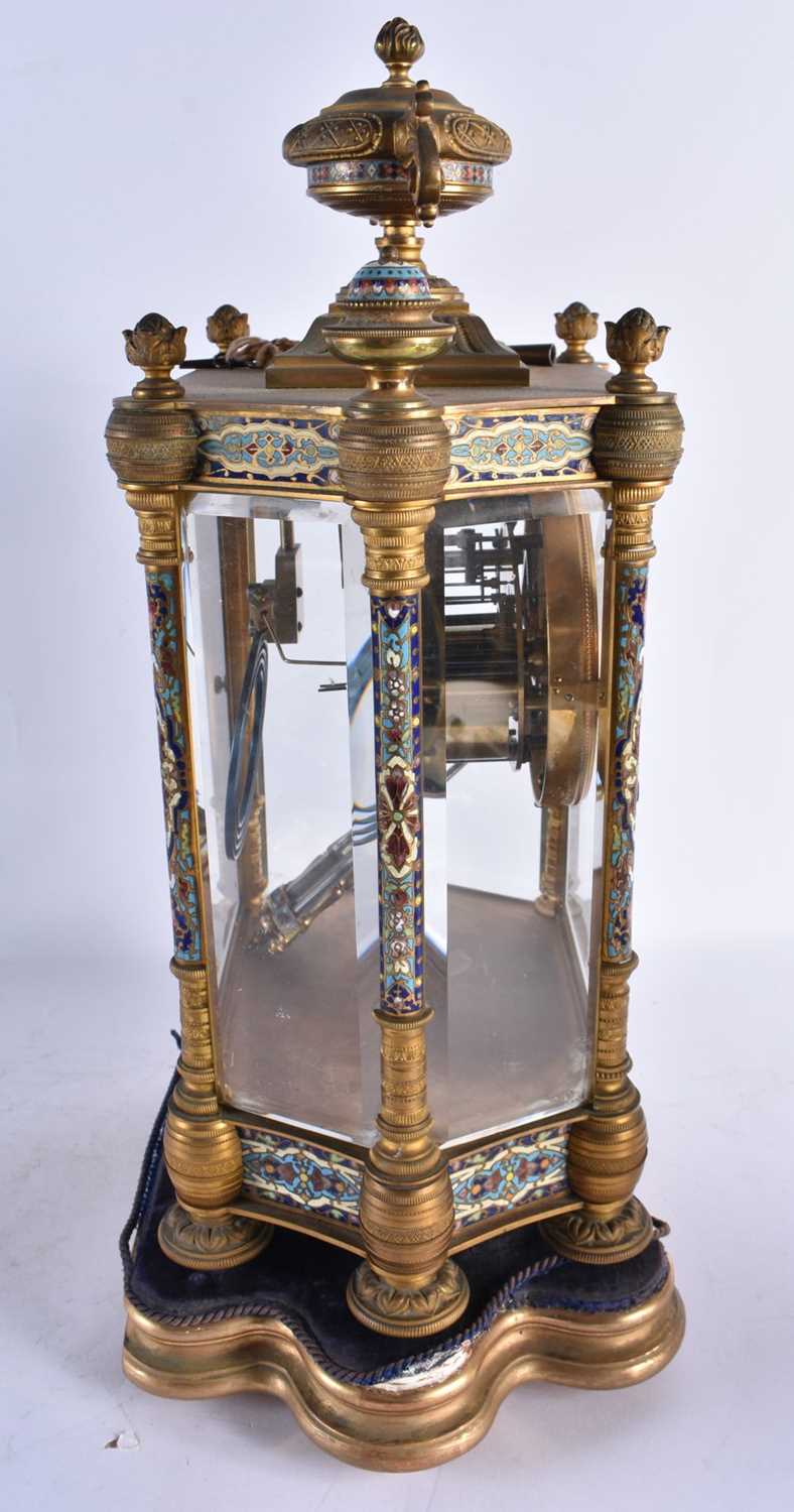 A LARGE LATE 19TH CENTURY FRENCH BRONZE AND CHAMPLEVE ENAMEL CLOCK GARNITURE decorated with foliage. - Bild 6 aus 11