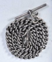 Silver antique watch chain with T-Bar and dog clip. Stamped Sterling. 37cm long, weight 49g