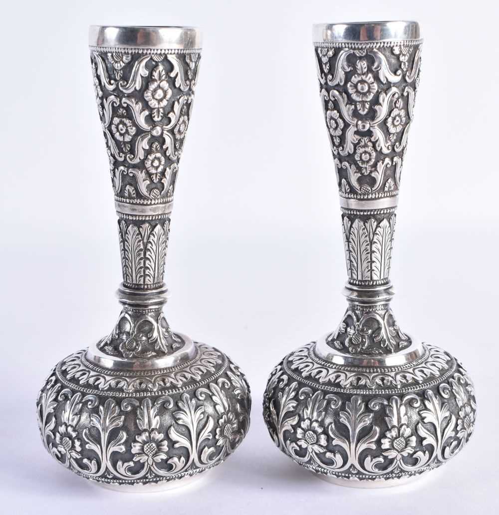 A Pair of Antique Indian Kutch Silver Posy Vases by Oomersi Mawji and Sons, Early 1900s. Stamped