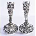 A Pair of Antique Indian Kutch Silver Posy Vases by Oomersi Mawji and Sons, Early 1900s. Stamped