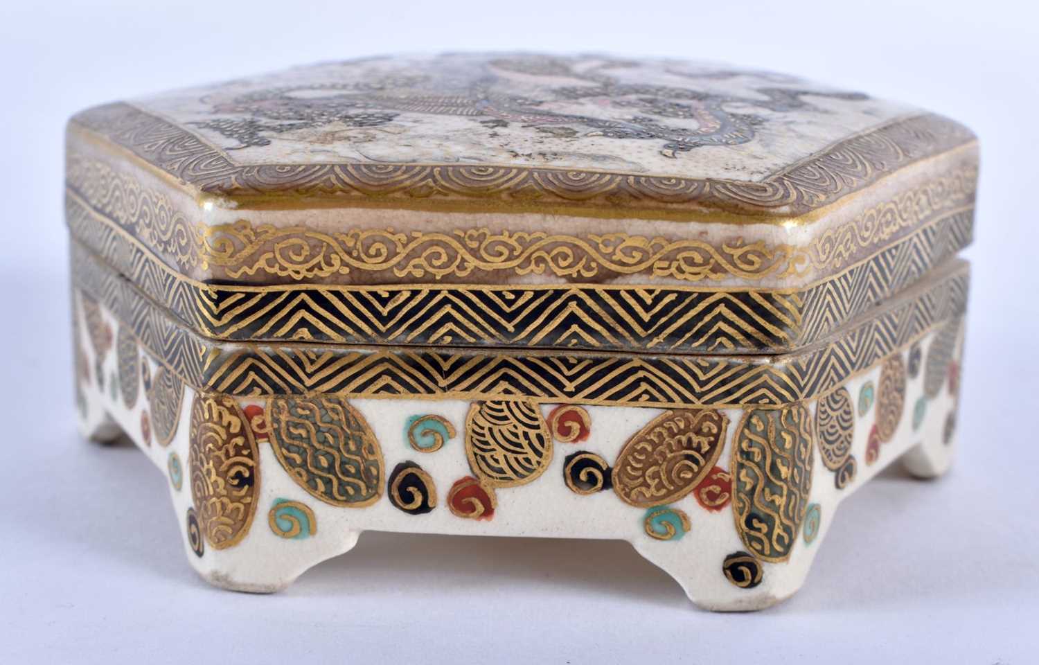 A 19TH CENTURY JAPANESE MEIJI PERIOD SATSUMA HEXAGONAL BOX AND COVER painted with a goddess upon a - Image 2 of 5