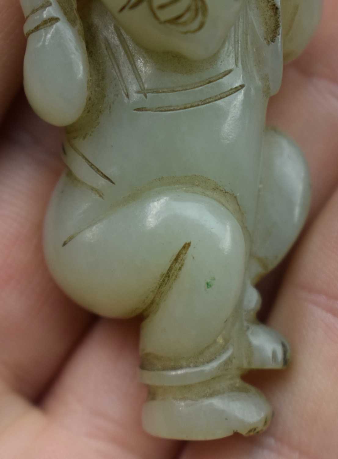 A 19TH CENTURY CHINESE CARVED GREEN JADE FIGURE OF A DANCING BOY Qing, modelled with a cat upon - Image 9 of 12