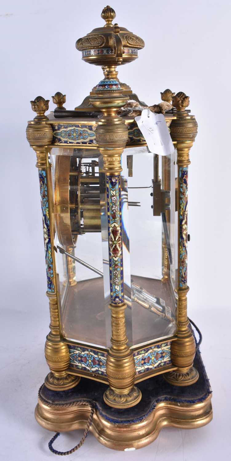 A LARGE LATE 19TH CENTURY FRENCH BRONZE AND CHAMPLEVE ENAMEL CLOCK GARNITURE decorated with foliage. - Bild 4 aus 11