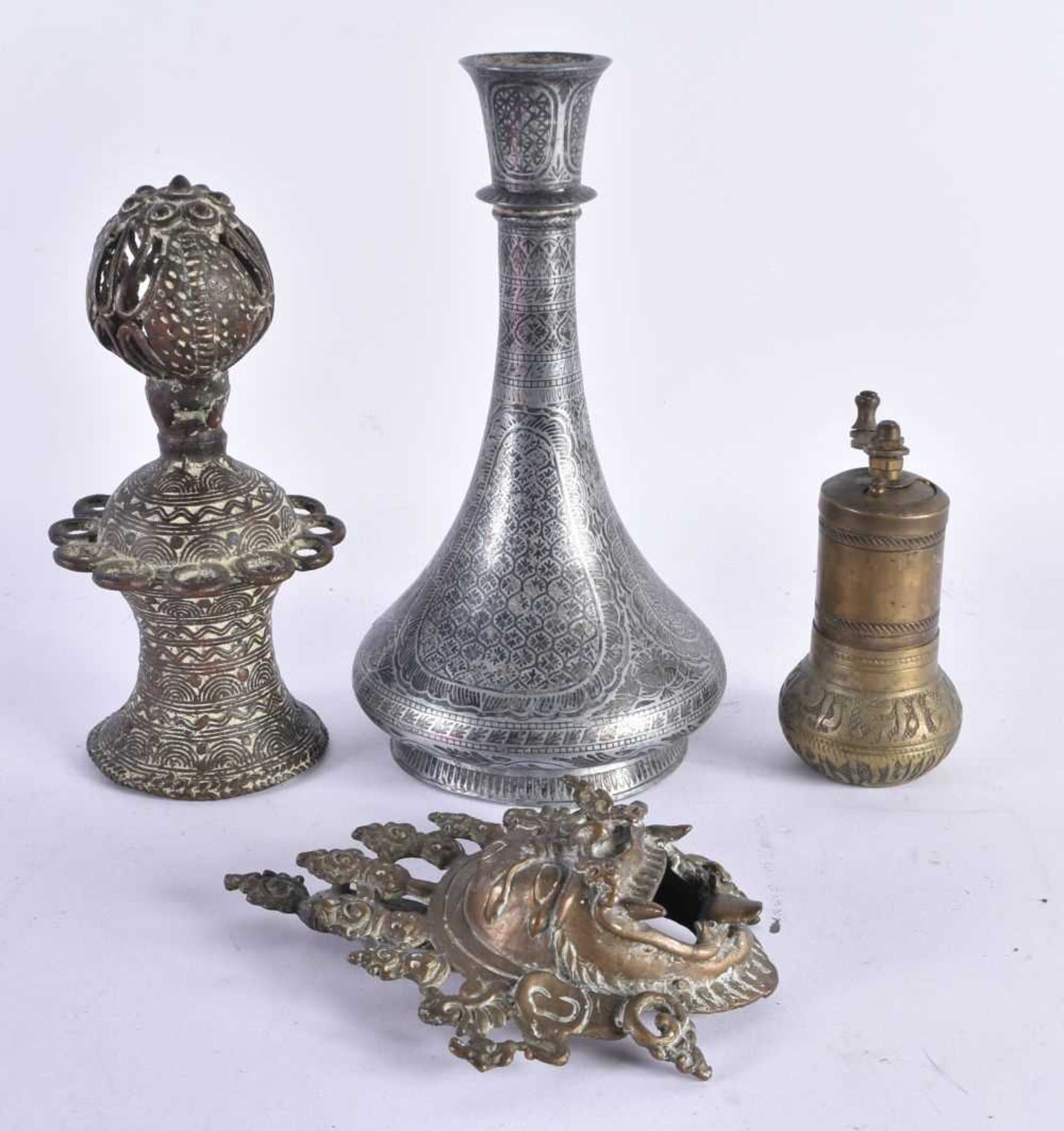 AN ANTIQUE INDIAN BIDRI WARE VASE together with two Islamic artefacts & a Benin bronze bell. Largest