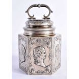 AN 18TH CENTURY CONTINENTAL SILVER TEA CADDY AND COVER decorated with classical mask heads, under
