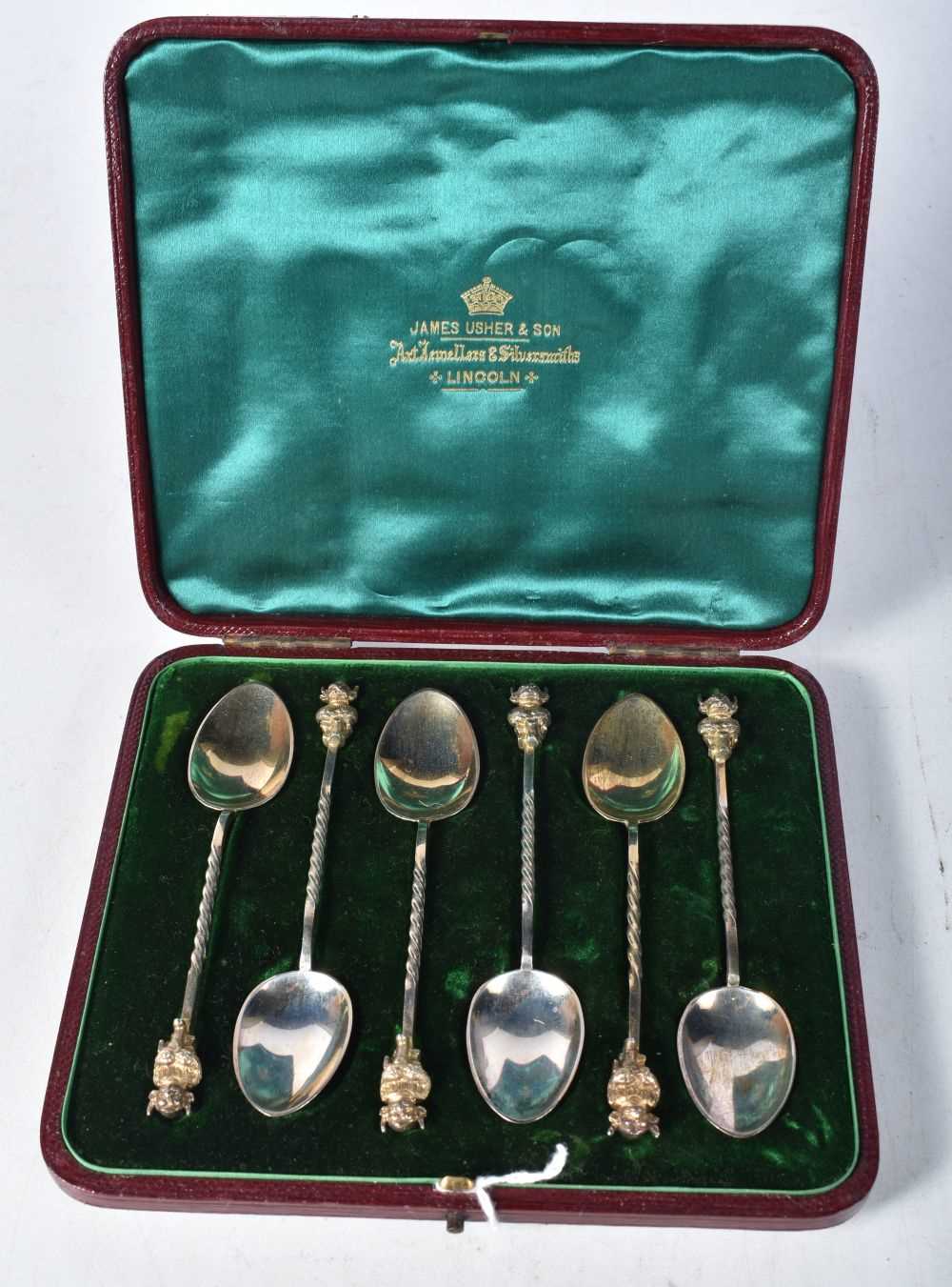 A Victorian Cased Set of Six Silver Gilt "Lincoln Imp" Spoons by Martin Hall and Co. Hallmarked