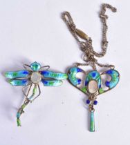 A Turquoise Enamel Pendant with Matching Dragonfly Brooch. Largest 4.6cm x 4.4cm, total weight 14.