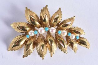 A 15 Carat Gold Leaf Shaped Brooch set with Pearls and Turquoise. Stamped 15K, 4.9cm x 8.2cm, weight