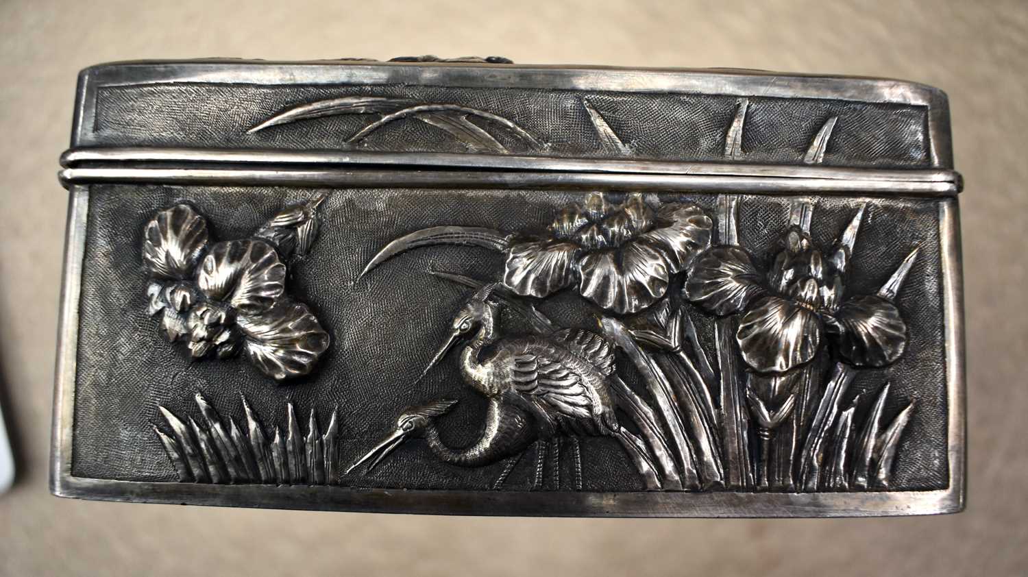 A RARE LARGE 19TH CENTURY CHINESE EXPORT REPOUSSE SILVER BOX Qing, signed KPC, decorated with a - Image 19 of 24