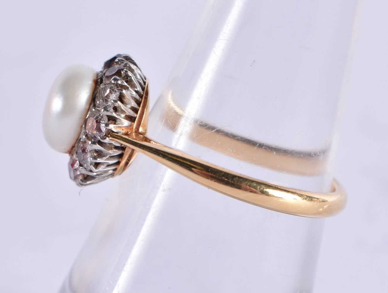 AN EDWARDIAN 18CT GOLD DIAMOND AND PEARL RING. 4 grams. N. - Image 2 of 4
