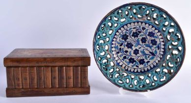 AN ANTIQUE ITALIAN SORRENTOWARE WALNUT BOX together with a Islamic Middle Eastern dish. 24 cm