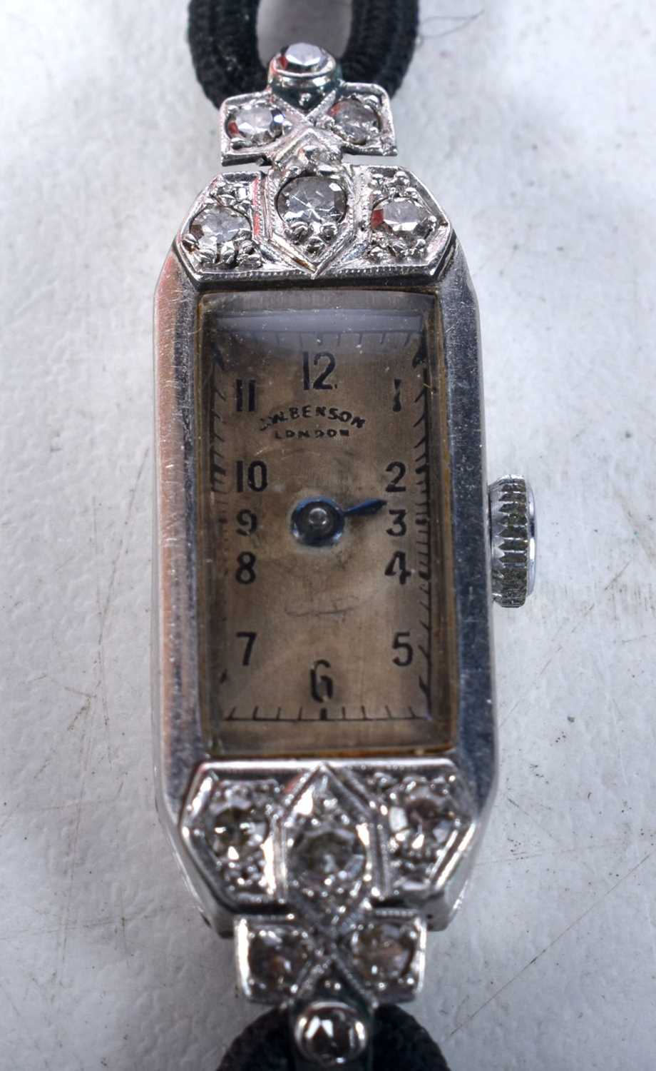 J W Benson, Art Deco ladies platinum cocktail manual wristwatch set with 10 diamonds, with box, dial - Image 2 of 3