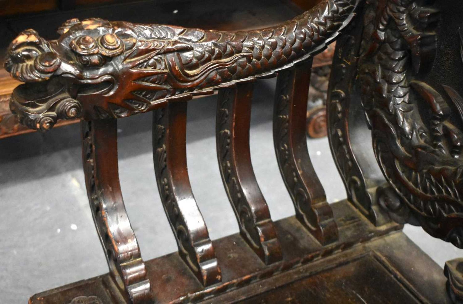 A LARGE 19TH CENTURY JAPANESE MEIJI PERIOD CARVED WOOD DRAGON BENCH. 125 cm x 125 cm. - Image 7 of 14