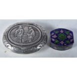 A Dutch Embossed Silver Pill Box and another Silver Enamel Pill Box stamped 925. Largest 5.1cm x 4.