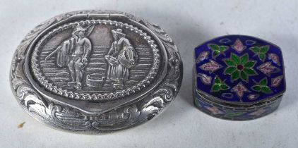 A Dutch Embossed Silver Pill Box and another Silver Enamel Pill Box stamped 925. Largest 5.1cm x 4.