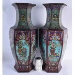 A LARGE PAIR OF 19TH CENTURY CHINESE CLOISONNE ENAMEL HEXAGONAL VASES bearing Xuande marks to