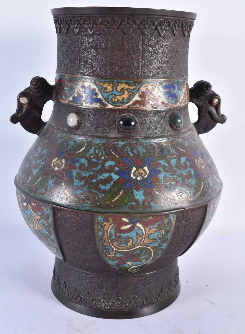 A LARGE 19TH CENTURY CHINESE CHAMPLEVE BRONZE AND HARDSTONE VASE decorated with flowers. 32 cm x - Image 3 of 7