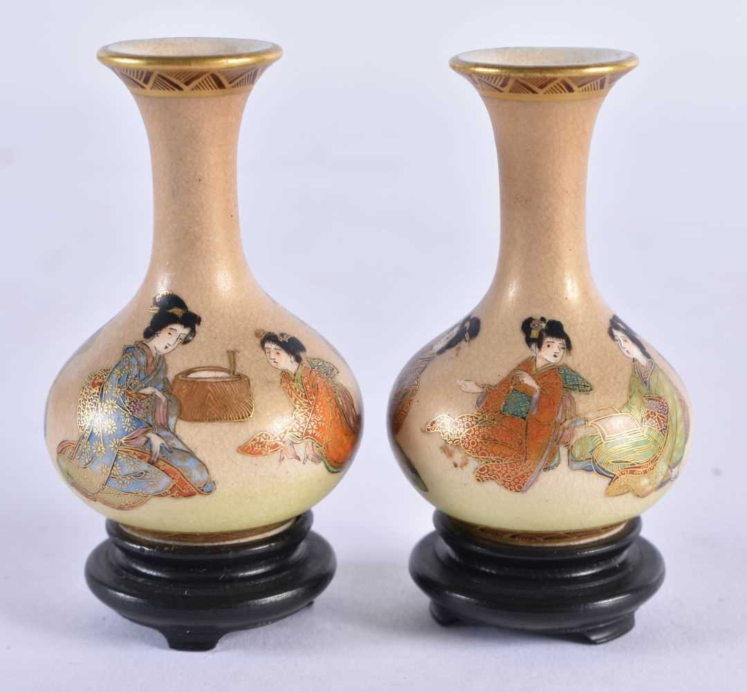 A RARE MINIATURE PAIR OF LATE 19TH CENTURY JAPANESE MEIJI PERIOD SATSUMA VASES painted with - Image 3 of 7