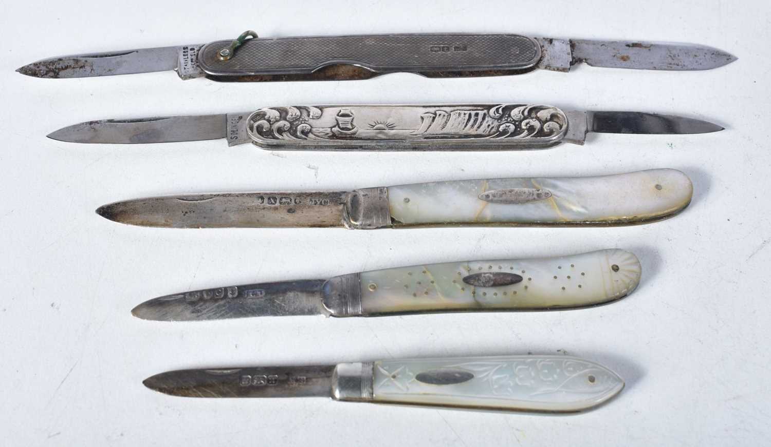 Three Silver Bladed Fruit Knives with Mother of Pearl Handles together with Two Silver Knives.