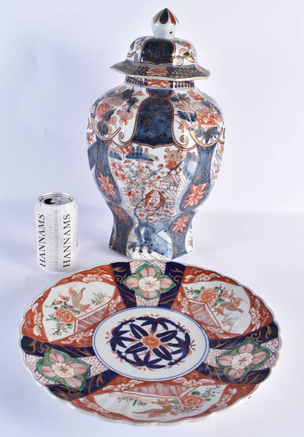 A LARGE 18TH CENTURY JAPANESE EDO PERIOD IMARI VASE AND COVER painted with landscapes, together with