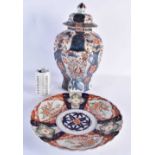 A LARGE 18TH CENTURY JAPANESE EDO PERIOD IMARI VASE AND COVER painted with landscapes, together with