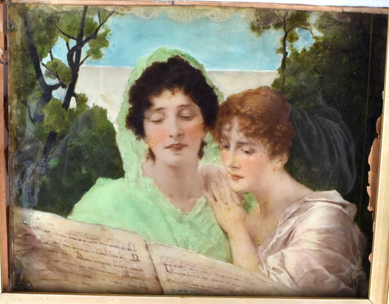 A PAIR OF ANTIQUE CONRAD KIESEL REVERSE PAINTED PAINTINGS ON GLASS. Largest 38 cm x 32 cm. (2) - Image 2 of 6