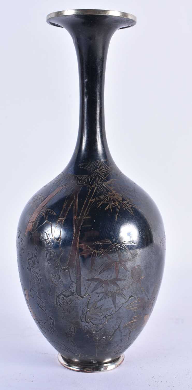 A LATE 19TH CENTURY JAPANESE MEIJI PERIOD SILVER AND SHAKUDO VASE engraved with birds and - Image 2 of 4
