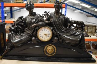 A MONUMENTAL 19TH CENTURY FRENCH BRONZE AND ORMOLU MUNICIPAL CLOCK formed with two figures over a
