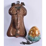 AN ARTS AND CRAFTS COPPER WALL HANGING with hanging pottery bowl. Copper part 28 cm x 14 cm. (2)