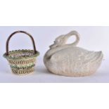 AN EARLY 19TH CENTURY CREAMWARE RETICULATED BASKET together with a C1800 salt glazed swan tureen