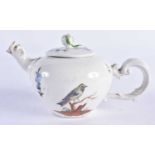 A RARE 18TH CENTURY GERMAN PORCELAIN BULLET FORM TEAPOT AND COVER painted in the Meissen style