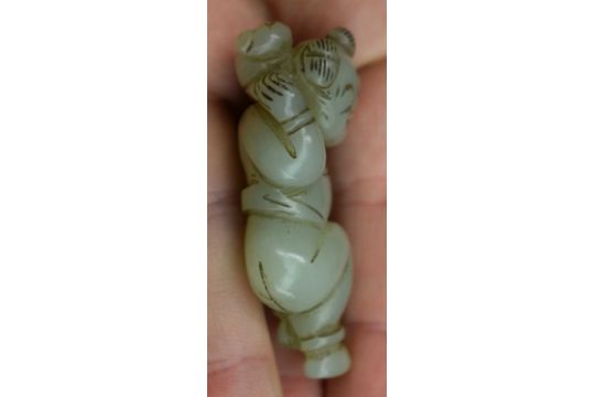 A 19TH CENTURY CHINESE CARVED GREEN JADE FIGURE OF A DANCING BOY Qing, modelled with a cat upon - Image 11 of 12